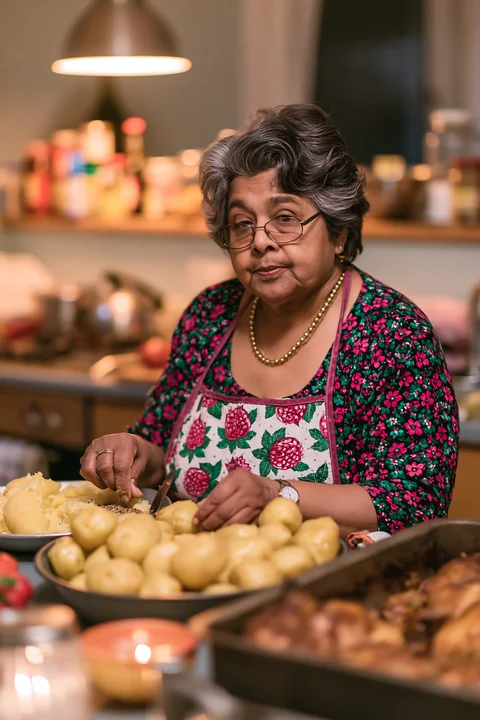 A woman is peeling potatoes for a holiday dinner in a cozy kitchen.