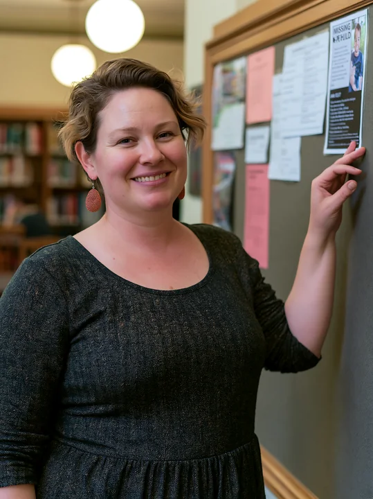 A woman is placing a flyer about a missing child on a bulletin board in a library.