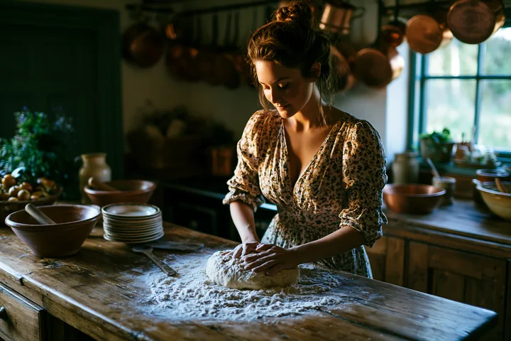 A woman kneads dough on a wooden table in a farmhouse kitchen with copper cookware displayed above.