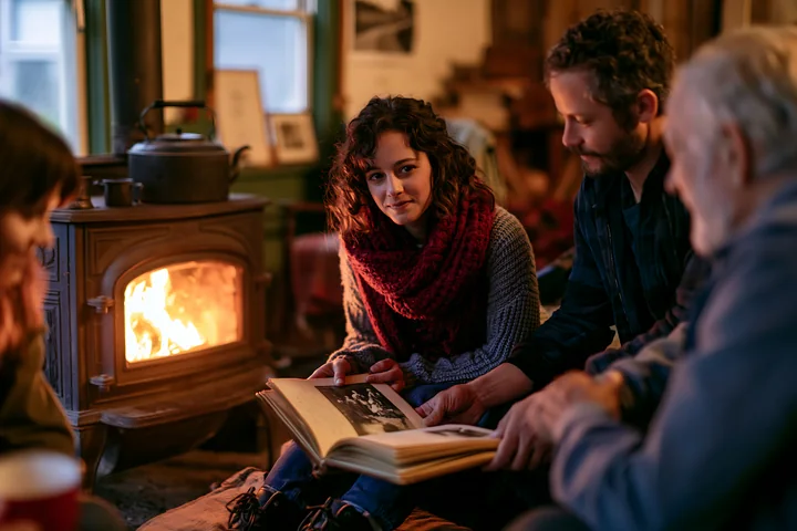 A woman looks at a photo album while seated with three others near a warm fireplace.