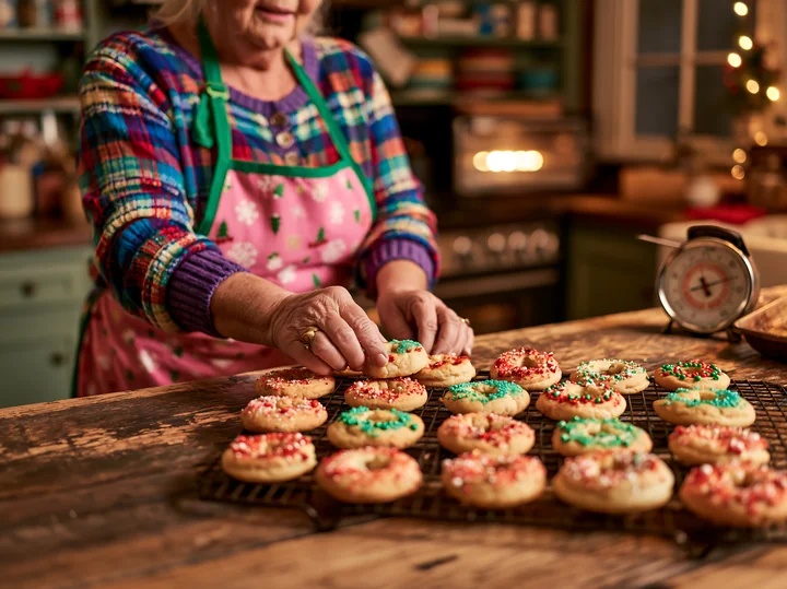 A woman places colorful cookies on a kitchen rack to cool after baking.