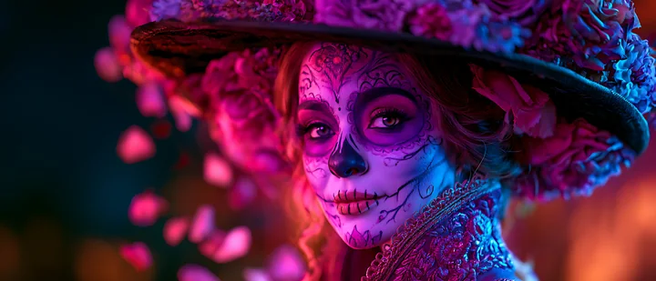 A woman poses with vibrant skull makeup while wearing a large floral hat.