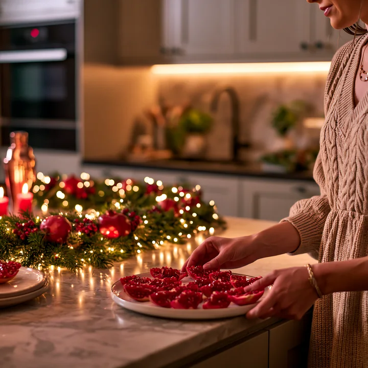 A woman prepares a plate of food in a high-end kitchen decorated with Christmas garlands and festive lights.