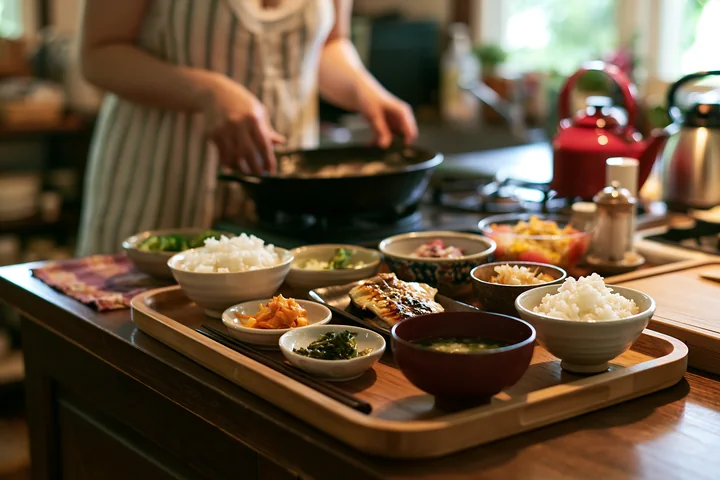 A woman prepares a traditional sushi breakfast in her Japanese kitchen, featuring bowls of rice, fish, and vegetables arranged on a wooden tray.