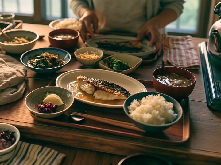 A woman prepares a traditional sushi breakfast in Japan, featuring grilled fish, rice, miso soup, and various side dishes laid out on a wooden table in a cozy k