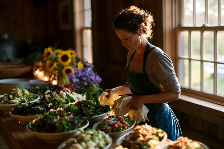 A woman prepares a variety of salads in a rustic wooden space filled with natural light.