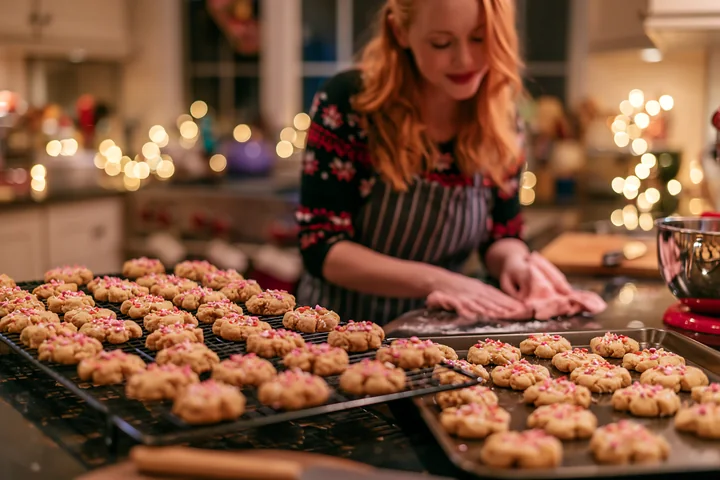 A woman prepares Christmas cookies in a cozy kitchen adorned with warm lights.