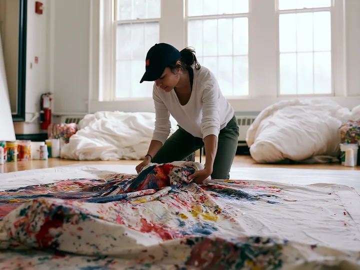 A woman rearranges a large piece of cotton fabric covered in colorful paint splatter in a bright indoor space.