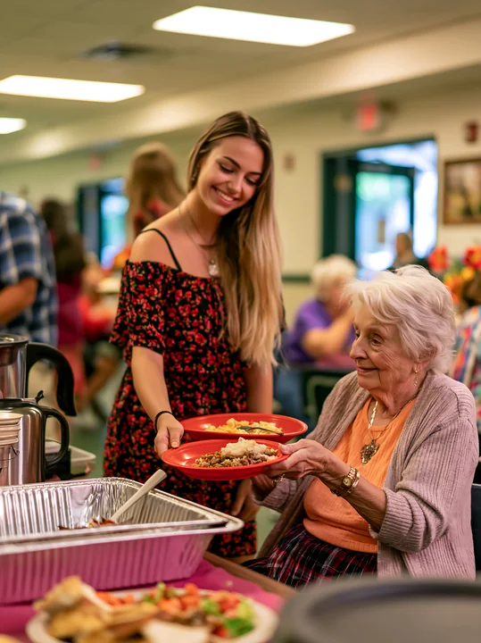 A woman serves a plate of food to an elderly woman at a community potluck buffet.