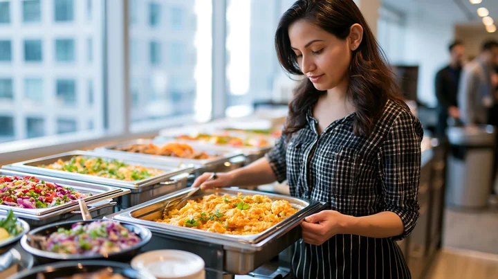 A woman serves food at a corporate lunch buffet set in an office environment.