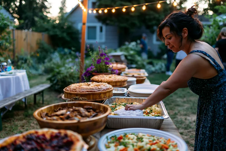 A woman serves food at a sustainable buffet catering event in a backyard garden during the evening.