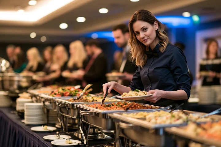 A woman serves herself food at a buffet during a business conference.