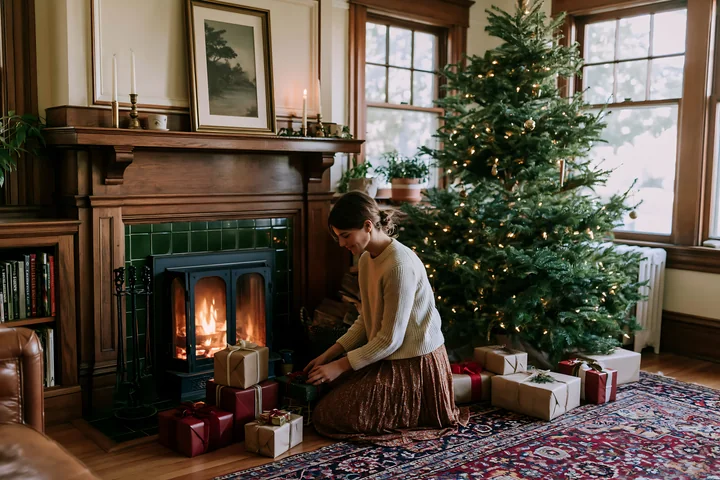 A woman sits near a wooden mantel in a Christmas living room.