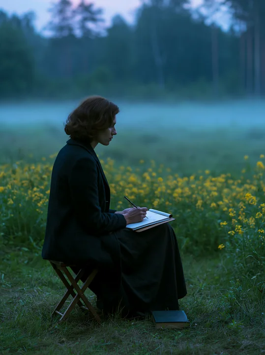 A woman sits on a chair in a meadow, sketching on paper as fog drifts across the field.