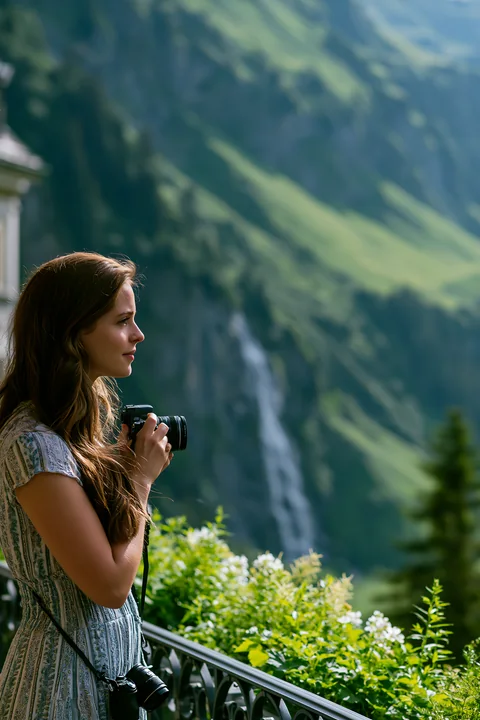 A woman stands on the balcony of a Swiss mountain hotel, holding a camera and looking at the scenic view.