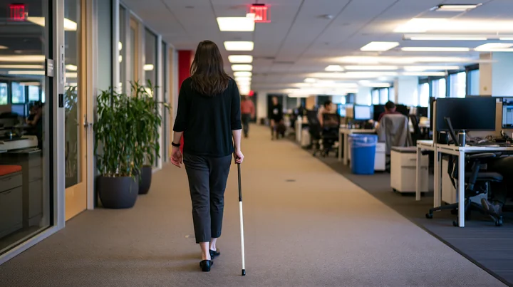 A woman uses a white cane to navigate through an office environment with cubicles and computer workstations.