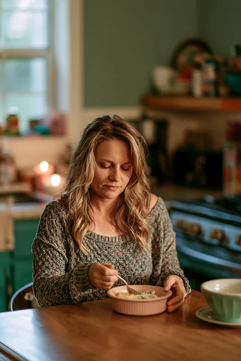A woman with limited hand mobility is eating breakfast at a kitchen table.