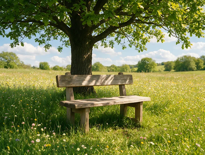 A wooden bench sits in a meadow beneath an oak tree surrounded by flowers and tall grass.