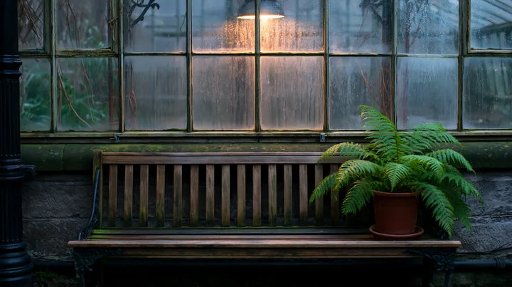 A wooden bench sits in an empty garden conservatory illuminated by a soft evening glow from a hanging light.