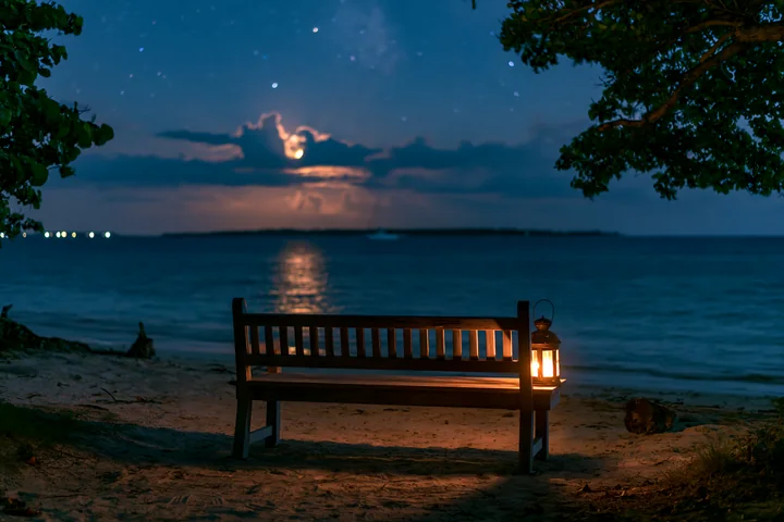 A wooden bench sits on the sandy beach with a lantern glowing beside it under a starry sky.