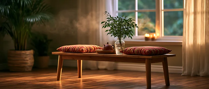 A wooden bench with cushions sits near a window, illuminated by soft light.