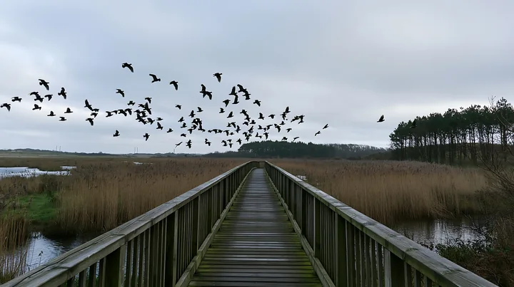 A wooden boardwalk stretches through a meadow with birds flying overhead.