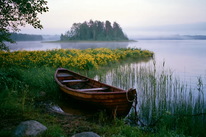 A wooden boat rests on the shore of a lake beside an island covered with buttercups.
