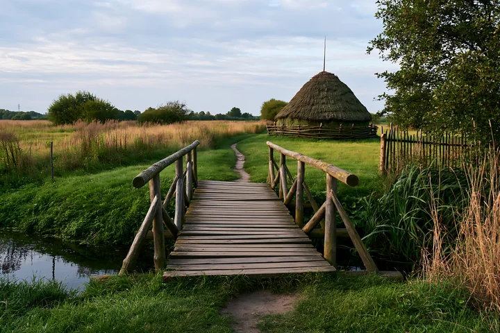 A wooden bridge crosses a small stream in a green meadow with a traditional haystack in the background.