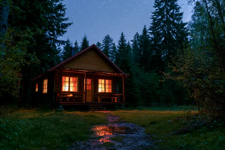A wooden cabin sits in a forest, its windows glowing warmly as stars shine overhead.