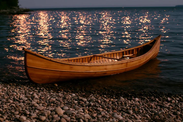 A wooden canoe rests on pebbles along the water's edge.