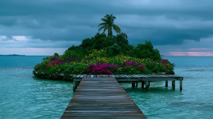 A wooden dock leads to an island with vibrant flowers under a cloudy sky.