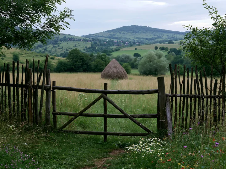 A wooden fence leads to a meadow with traditional haystack surrounded by green trees and hills.
