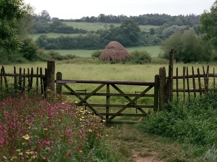 A wooden gate opens to a green meadow with a traditional haystack in the background.