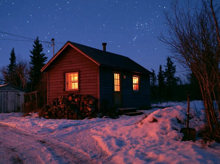 A wooden house stands in snow with warm light shining from the windows, surrounded by trees under a clear night sky filled with stars.