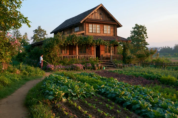 A wooden house surrounded by a garden filled with crops and flowers is set in a countryside location during spring.