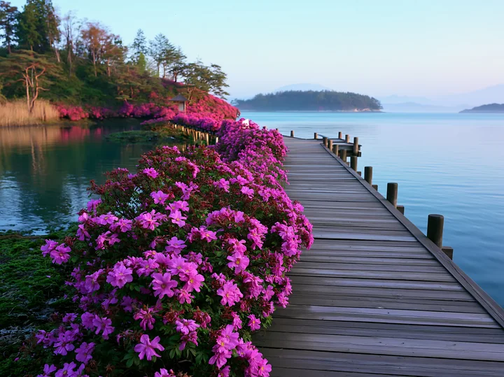 A wooden pier extends over calm water surrounded by vibrant flowers.