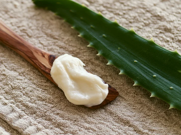 A wooden spoon holds a creamy substance next to a fresh aloe vera leaf on a textured surface.