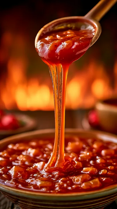 A wooden spoon lifts thick tomato sauce above a bowl, revealing a glossy texture.