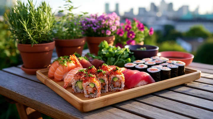 A wooden table displays a variety of sushi, surrounded by pots of fresh herbs and colorful flowers, set against a city skyline in the background, perfect for a
