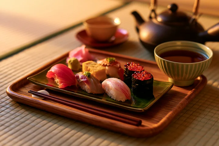 A wooden tray holds a selection of sushi alongside a cup of tea and a teapot.