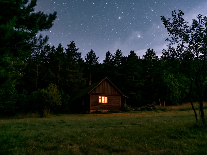 A wooden villa stands surrounded by trees in a grassy field, illuminated by stars in the night sky.