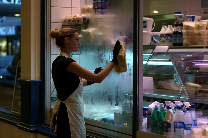 A worker cleans the glass window of a dairy products shop on a pedestrian street, revealing various dairy items inside.