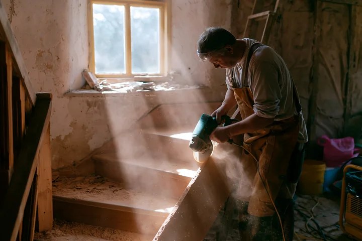 A worker cuts wood for stairs in a country house renovation scene.