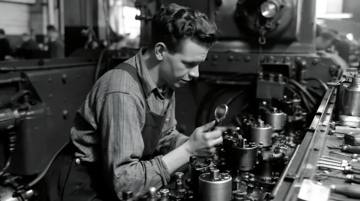 A worker examines mechanical parts on a panzer tank using a magnifying glass in a workshop.