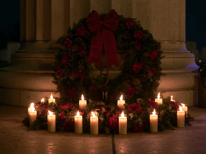 A wreath with red flowers sits at a veterans cemetery under a clear night sky, surrounded by lit candles.
