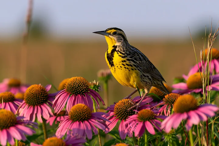 A yellow bird stands among echinacea flowers in a sunny prairie setting.