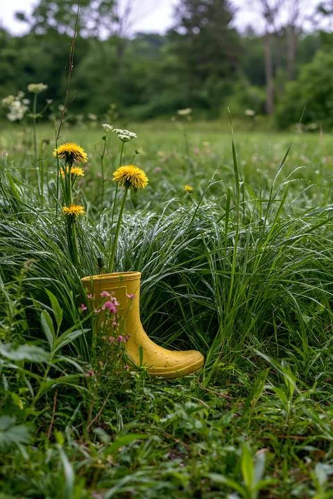 A yellow boot stands in a meadow with dew-covered grass, surrounded by various wildflowers.