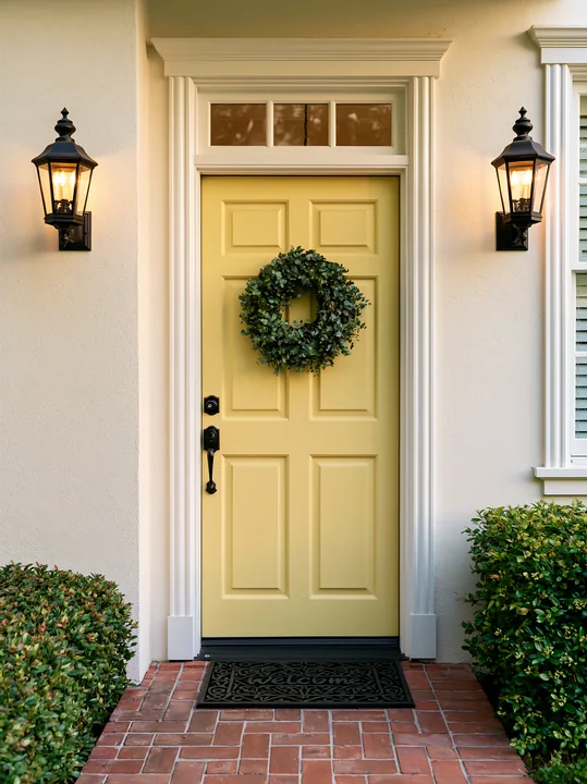 A yellow front door features a green wreath and a welcome mat on a brick pathway.
