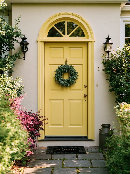 A yellow front door with a green wreath is framed by plants and a welcome mat in a residential setting.