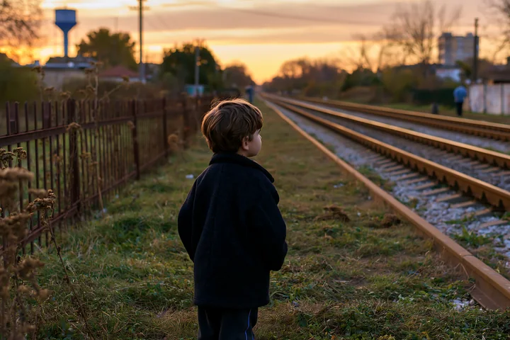 A young boy stands in a meadow alongside railway tracks, looking towards the horizon.